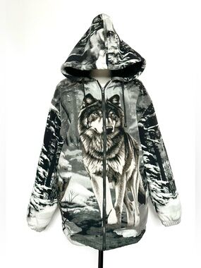 🎈Super chunky fleece Wolf Print Hooded Zip Jacket